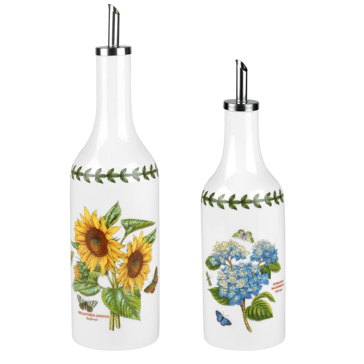 Portmeirion Botanic Garden Oil And Vinegar Drizzler Set | 9'' Oil Dispenser And 7.5'' Vinegar Dispenser | Sunflower & Hydrangea
