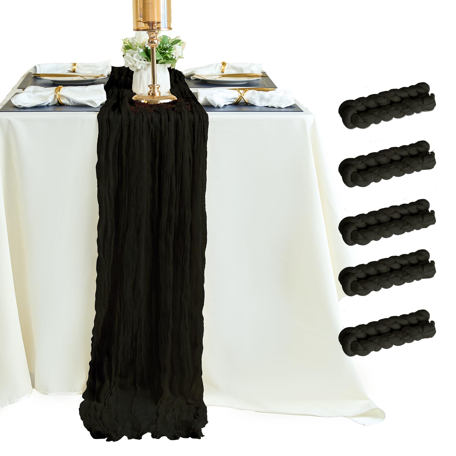 Sioloc 5 Pack Black Halloween Table Runner,10Ft Black Chiffon Table Runner ,Boho Gauze Fall Table Runner For Wedding Bridal Baby