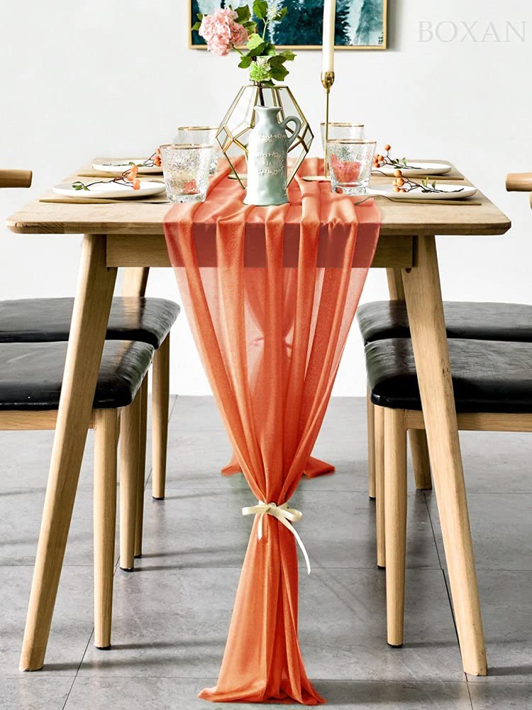Boxan Gorgeous Burnt Orange Sheer Table Runner 30X120 Inch For Romantic Wedding Decor, Bridal Shower, Birthday Party, Fall Vinta