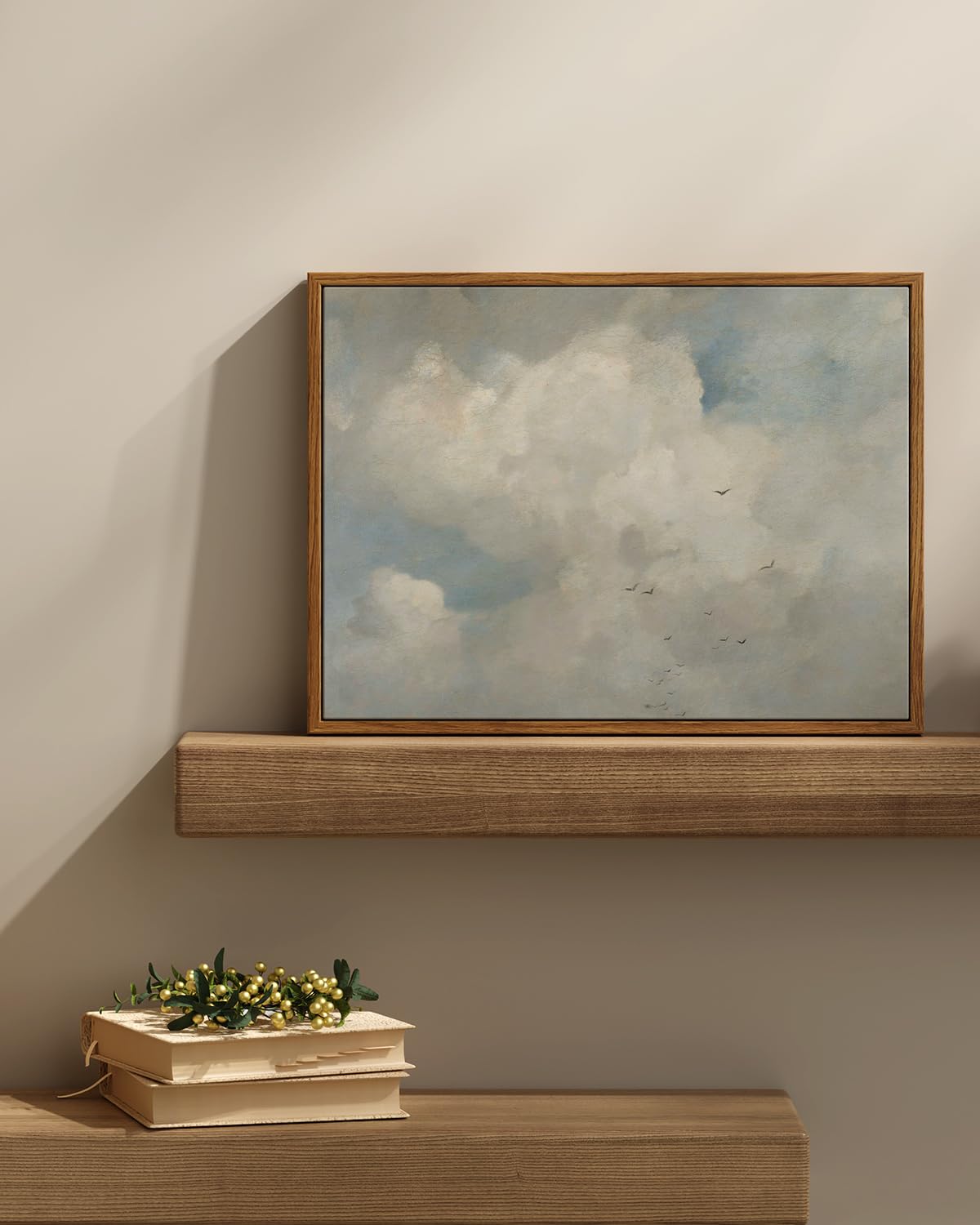 Insimsea Framed Canvas Wall Art Vintage Decor, Home Decor Classical Oil Paintings Sky Cloud Bird Canvas Prints,Retro Landscape W