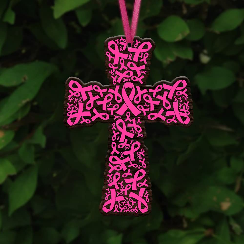 WODORO Breast Cancer Christmas Ornament Tree Decorations 2D Flat, Car Hanging Accessories, Christian Cross Pink Ribbon Breast Ca