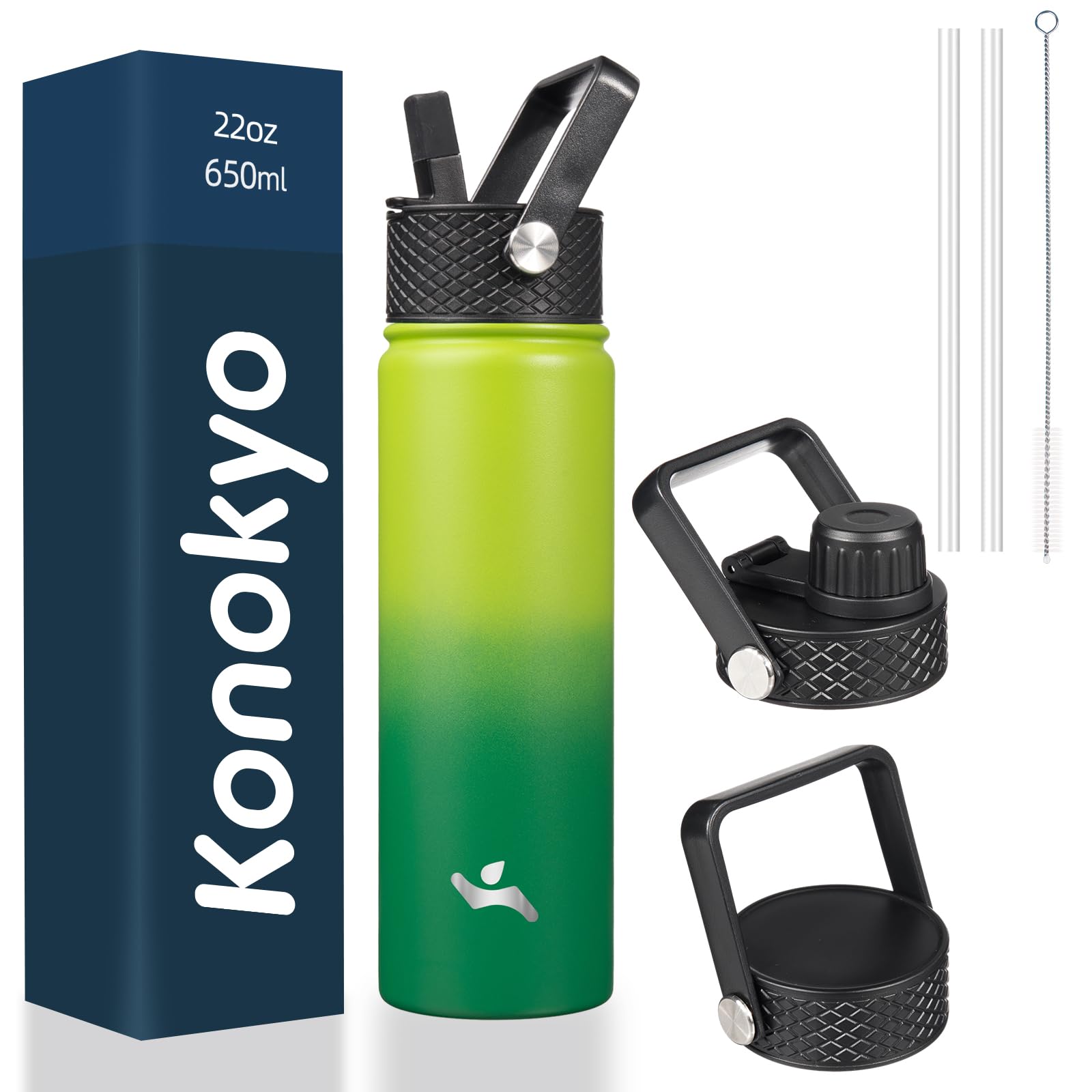 Konokyo 22oz Stainless Steel Bottles with 3 Lids Sport Insulated Water Bottle,Bamboo Grove