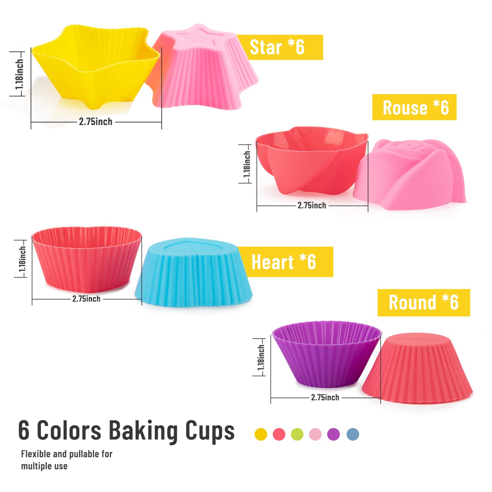 Letgoshop Silicone Cupcake Liners Reusable Baking Cups Nonstick Easy Clean Pastry Muffin Molds 4 Shapes Round, Stars, Heart, Flo