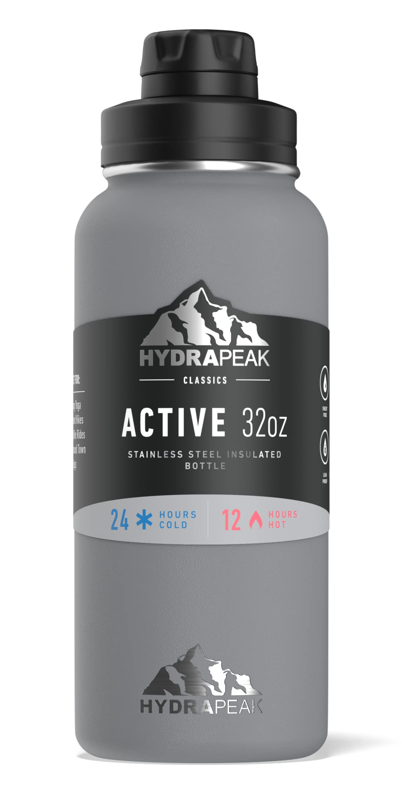 Hydrapeak 32Oz Insulated Water Bottle With Chug Lid And Handle, Metal 32 Oz, Leak Proof Stainless Steel | Grey