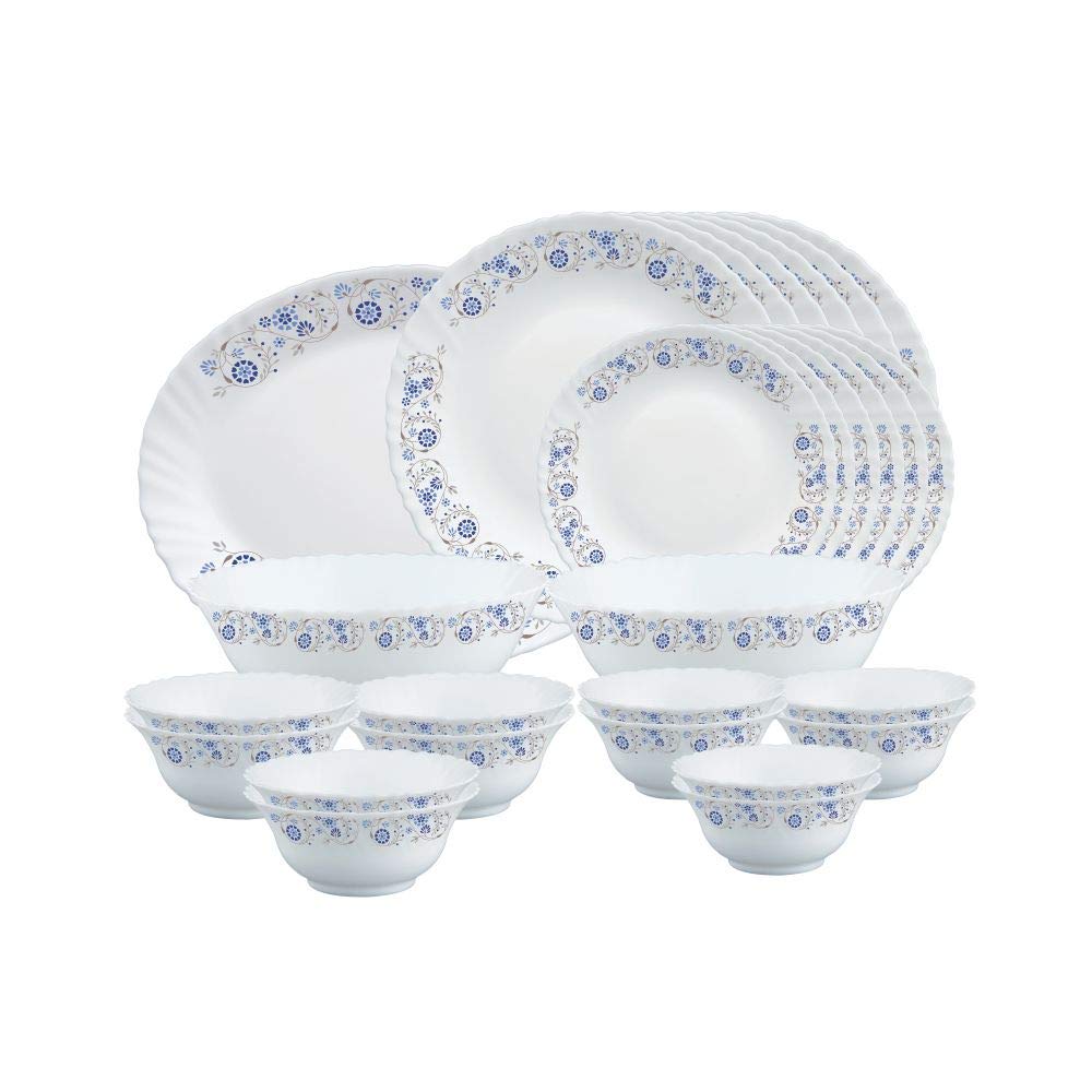 Larah By Borosil Fluted Series Mist Opalware Dinner Set | 27 Piece For Family Of 6 | Microwave & Dishwasher Safe | Bone-Ash Free
