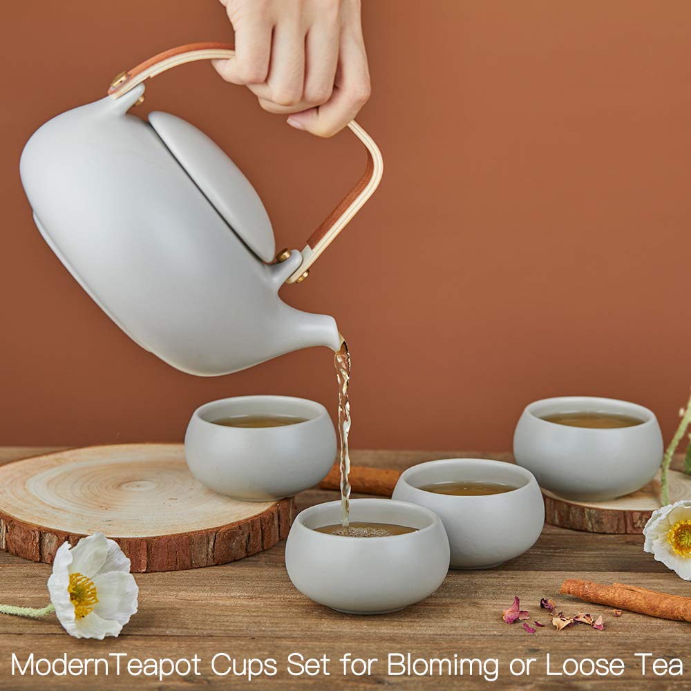 ZENS Vintage Japanese Tea Set, 27oz Ceramic Japanese Teapot with Infuser, Wood Handle Matte Gray Teapot with Strainers and 4 Cup