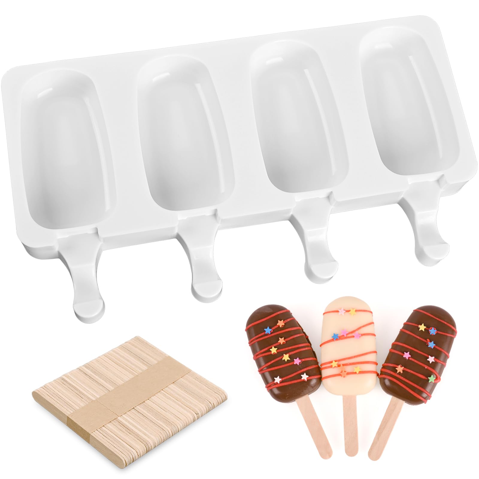 Sakolla Popsicle Silicone Mold, 4 Cavities Ice Pop Molds, Ice Cream Mold Oval Cake Molds With 50 Wooden Sticks