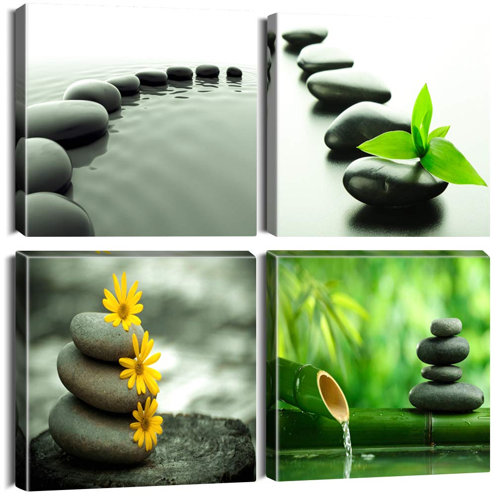 Artscope 4 Pieces Canvas Prints Wall Art - Japanese-Style Black Stone And Zen Culture Picture Painting- Modern Wall Artwork Fram