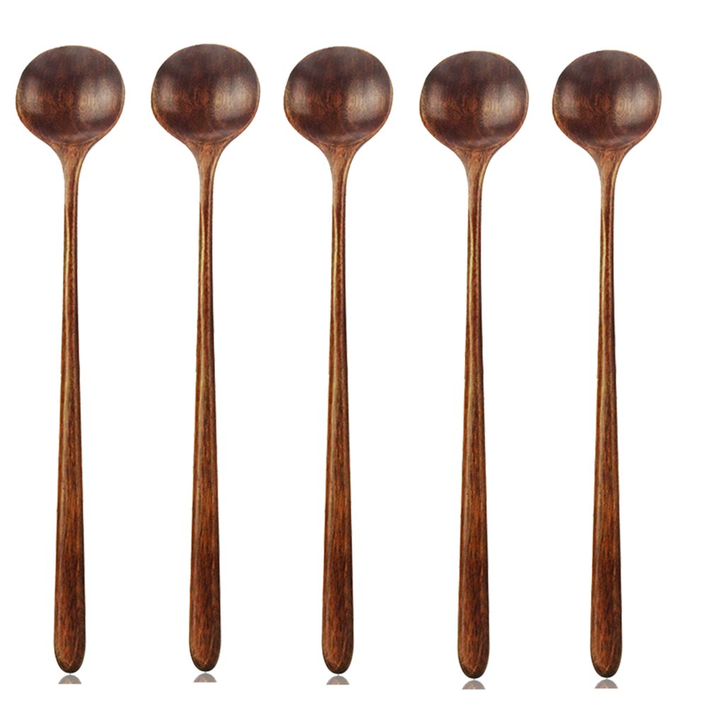 Long Spoons Wooden, 5 Pieces Korean Style 10.9 Inches 100% Natural Wood Long Handle Round Spoons For Soup Cooking Mixing Stirrer