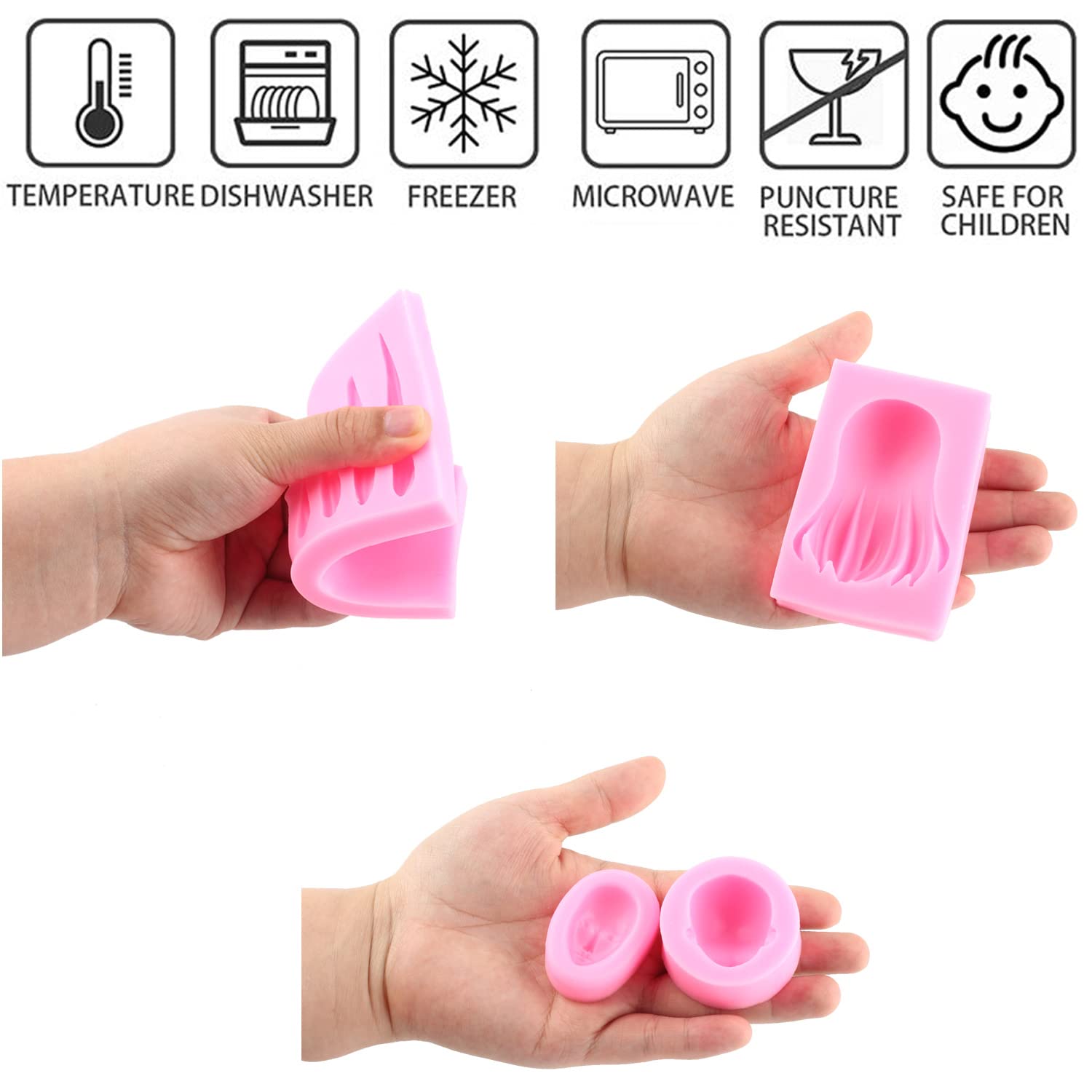 Mujiang 3D Human Face Silicone Molds Doll Hair Fondant Molds For Cake Decorating Chocolate Candy Clay Set Of 4