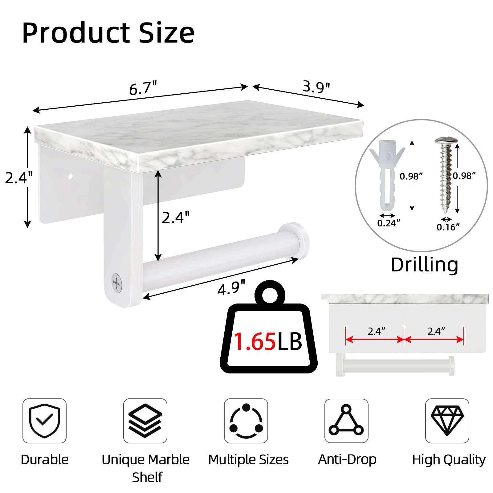 Gypie Toilet Paper Holder With Natural Marble Shelf, 304 Stainless Steel Screw Wall Mounted, Tissue Roll Paper Holder Dispenser