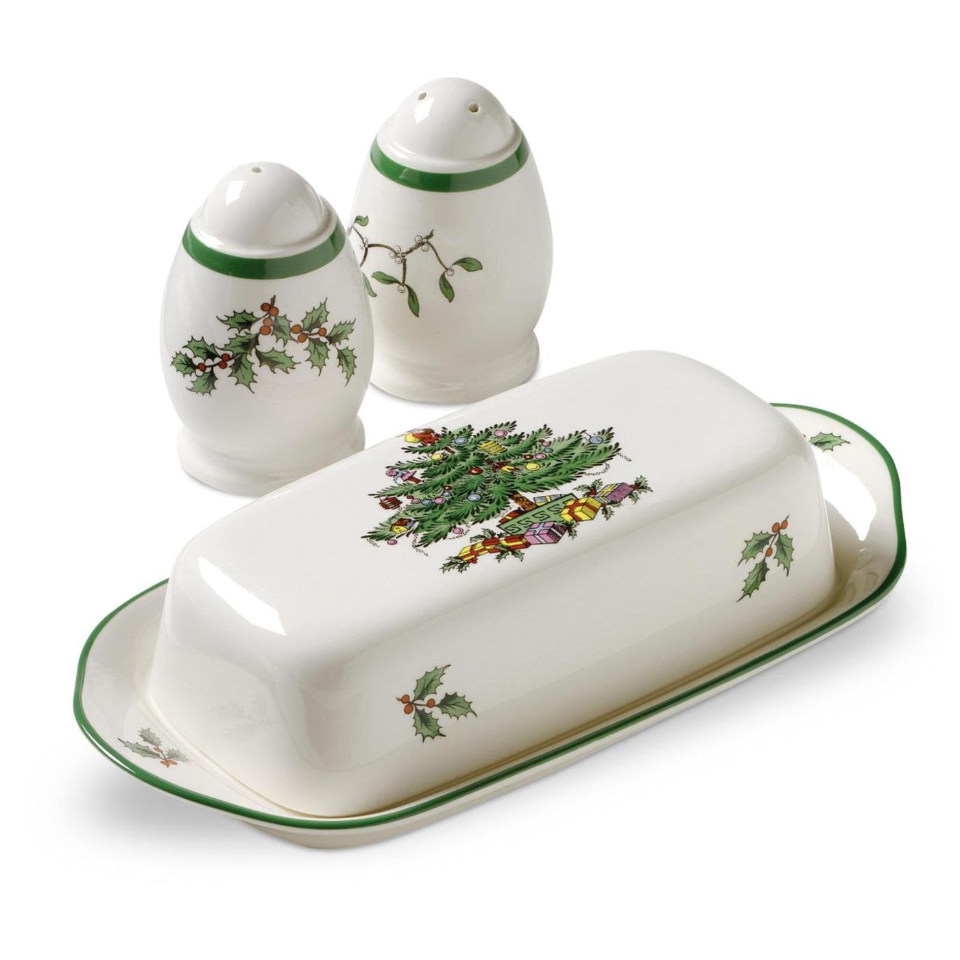Spode Christmas Tree 3-Piece Hostess Set, 8 - Inch Butter Dish With Lid, 3 - Inch Salt And Pepper Shaker, Made Of Fine Earthenwa