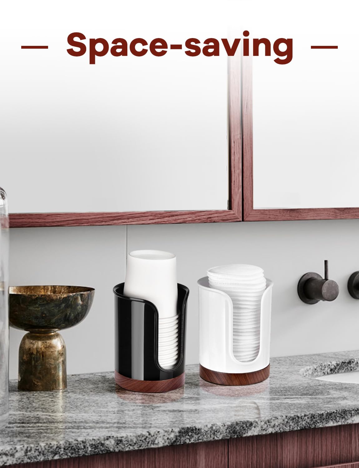 Housewife Cabinets Premium Bathroom Cup Dispenser, Fits 3-4oz Cups, Polycarbonate, Black/Walnut, Pack of 2, Model BLACK-W3OZ-2PACK