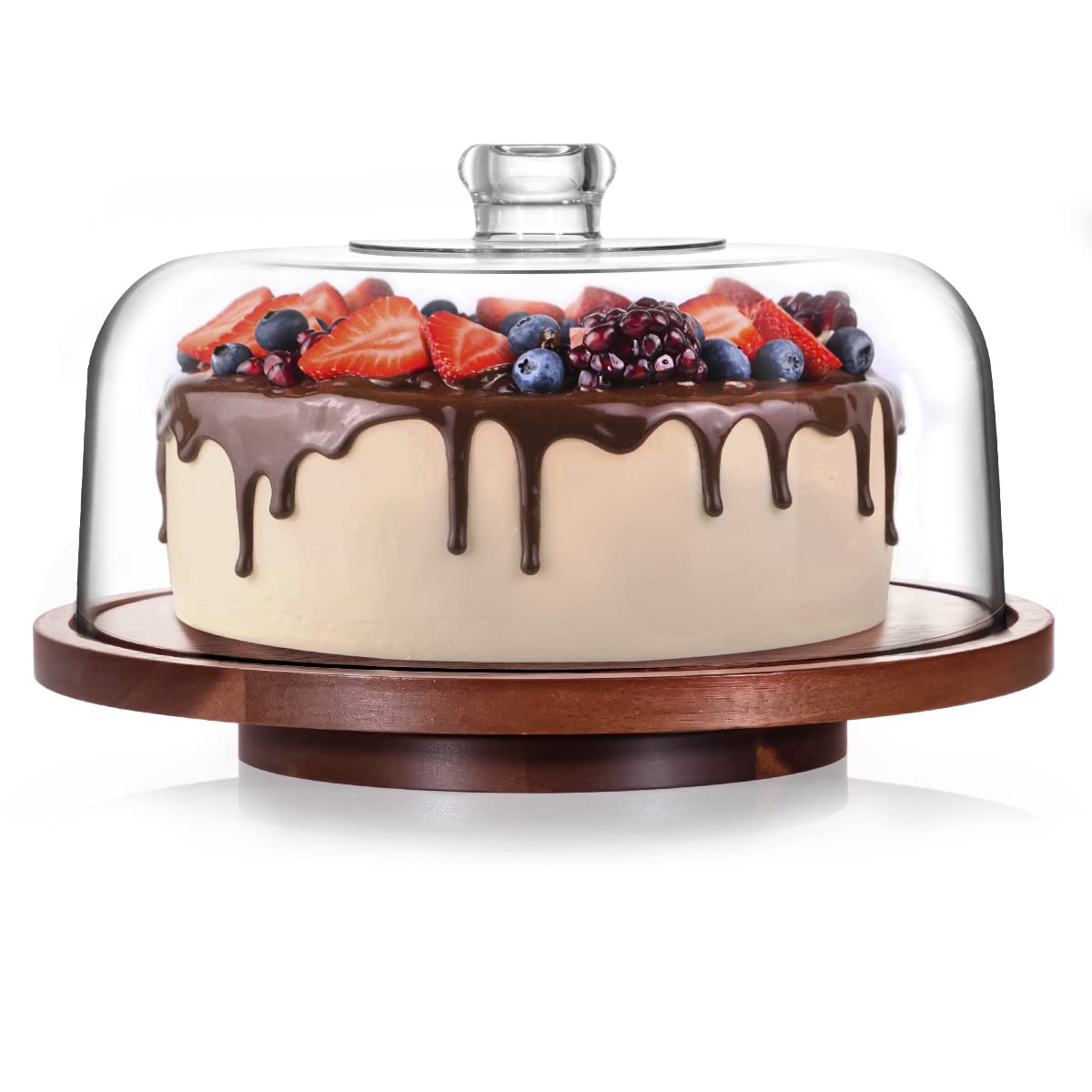 Fun Elements Rotating Cake Stand With Dome, Acacia Wood Cake Plate | Lazy Susan With Acrylic Lid For Table, Cheese Board & Servi