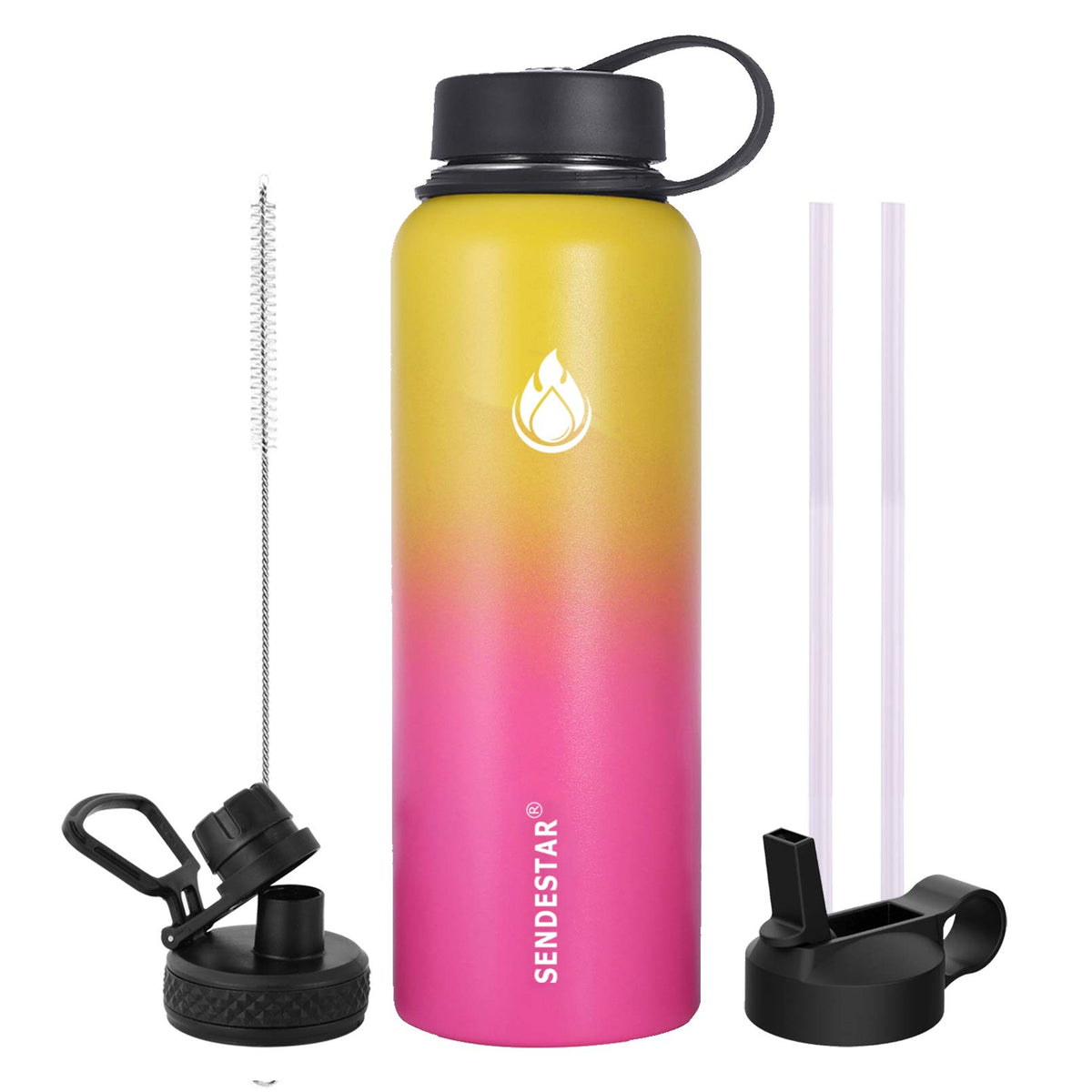 Sendestar 32 Oz Double Wall Vacuum Insulated Leak Proof Stainless Steel Sports Water Bottle-Wide Mouth With Straw Lid & Flex Cap