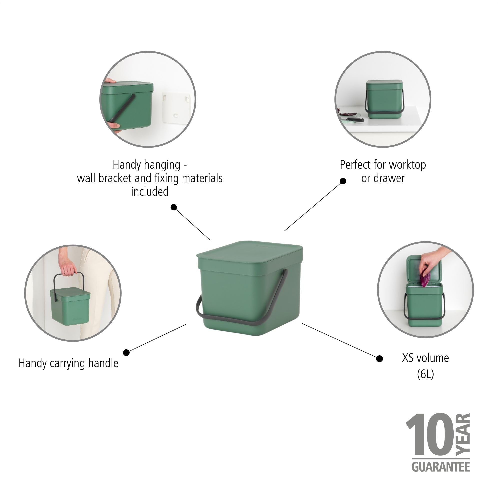 Brabantia Sort & go Food Trash can (16 galFir green) Small countertop Kitchen compost caddy with Handle & Removable Lid  Easy clean  Fixtures Included for Wallcupboard Mounting