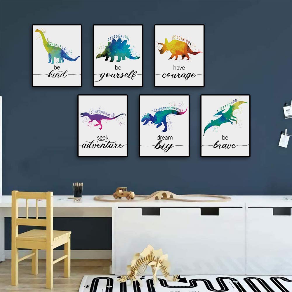 SUUURA-OO Dinosaur Bedroom Cool Watercolor Inspirational Words Woodland Art Prints Set of 6 (8X10)  lovely Roar Name Word Wall Art Poster for Nursery  Boys  Son  Kids Room Home Decor  No Frame