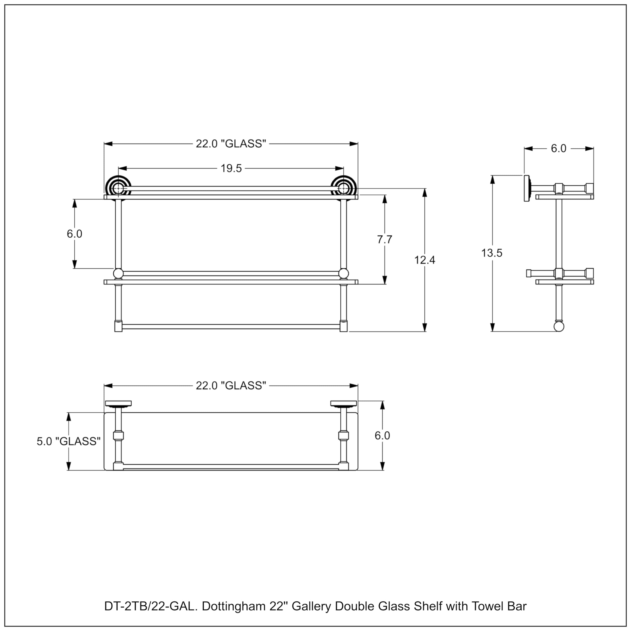 Dottingham 22 Inch Gallery Double Glass Shelf with Towel Bar - DT-2TB/22-GAL-UNL