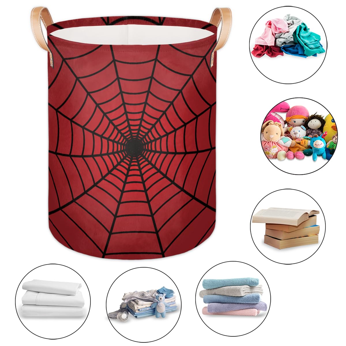Large Laundry Hamper Basket Red Spider Web Round Freestanding Clothes Basket, Collapsible Storage Organizer Bin With Leather Han