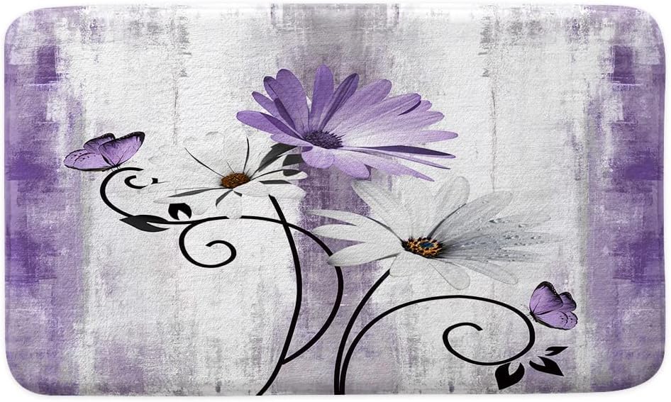 Veivian Rustic Farmhouse Bath Mat, Farm Purple Daisy Floral Flowers Butterfly Country Wooden Bath Rug For Bathroom, Grey White B