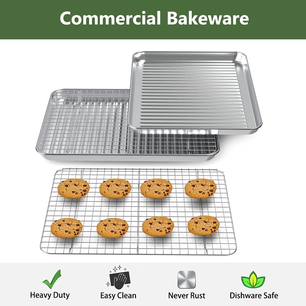 Rottay Quarter Baking Sheet Pan With Wire Rack Set [2 Pans + 2 Racks], Stainless Steel Cookie Sheet For Oven, Warp Resistant & H