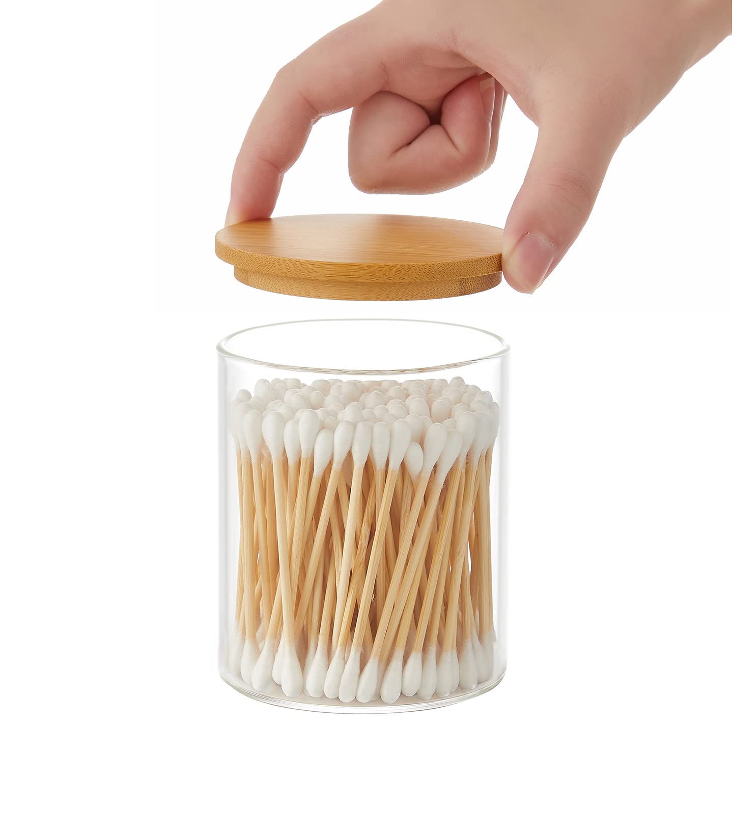 Iniunik Glass Qtip Holder Dispenser With Bamboo Lid - 2 Pack Apothecary Jars - Cotton Balls Pads Swabs Holder Jar - Bathroom Van