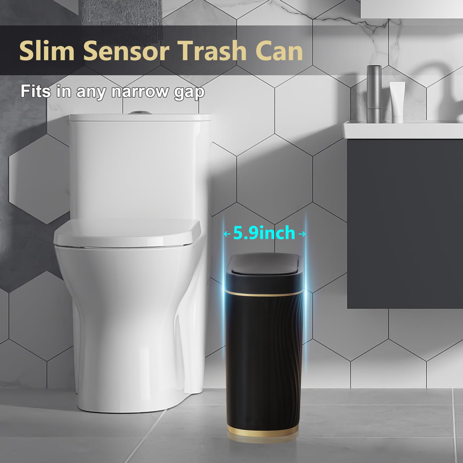 Syncvibe Bathroom Small Trash Can 2 Gallon Black Sensor Garbage Can With Lid, Plastic Automatic Trash Bin, Slim Motion Sensor Tr