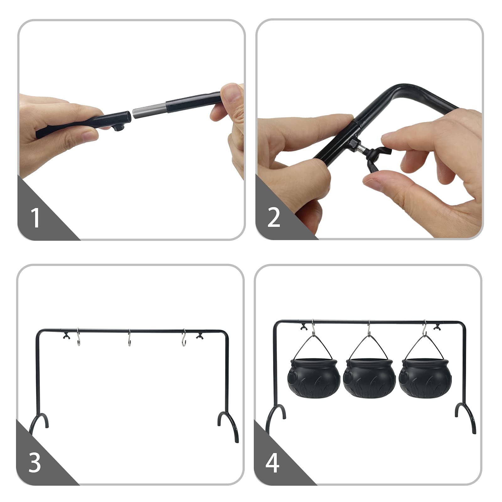 Oriental Cherry Halloween Decor - Halloween Party Decorations - Set Of 3 Witches Cauldron Serving Bowls On Rack - Black Plastic