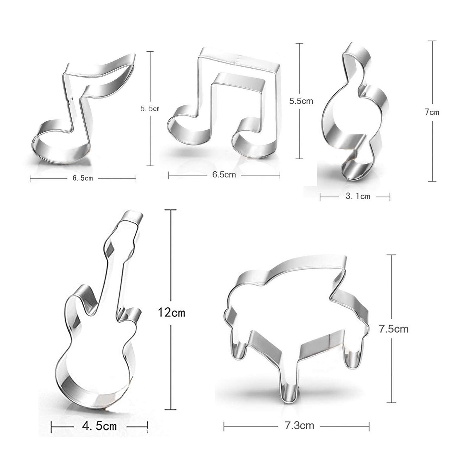 Wotoy Guitar, Piano,Musical Notes Sign Music Theme Biscuit Cookie Cutter 5 Piece Set - Stainless Steel