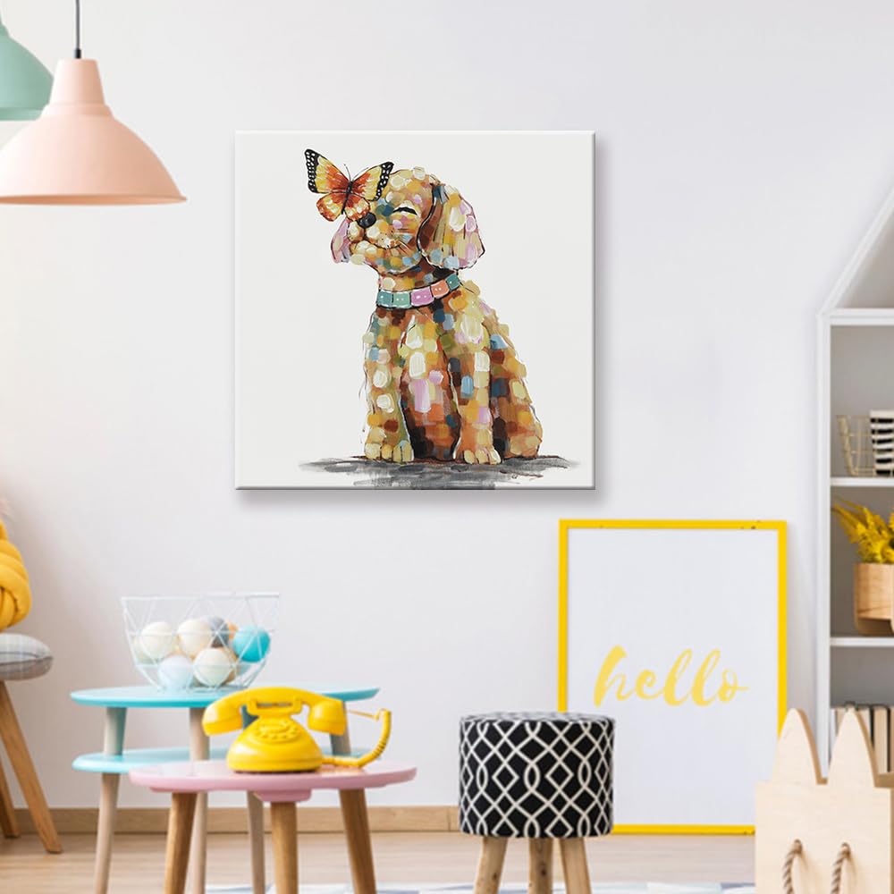 Seven Wall Arts Dog Canvas Wall Art Colorful Animal Picture Pet Puppy Butterfly Alighted On Dog Paintings Modern Framed Artwork