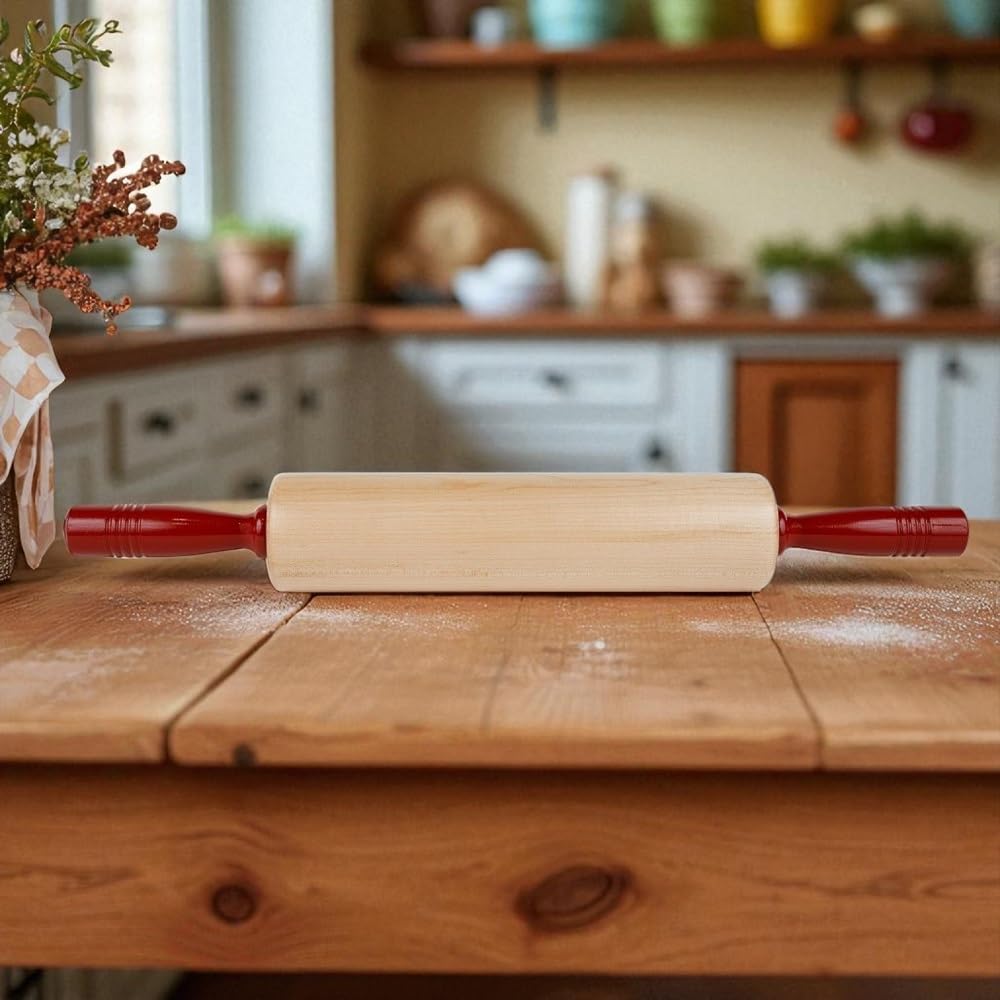 Fletchers' Mill Rolling Pin with Handles  Maple/Cinnabar - 12 inch  Professional Rolling Pins for Baking  Pasta  Pie  Cookie Dough  MADE IN U.S.A.