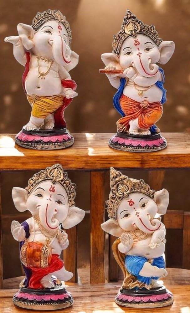 Srimaa Ventures Cute Dancing Ganesha Idols || Handcrafted Baby Ganesh Showpiece For Home Temple, Office, Living Room Decor (Pack