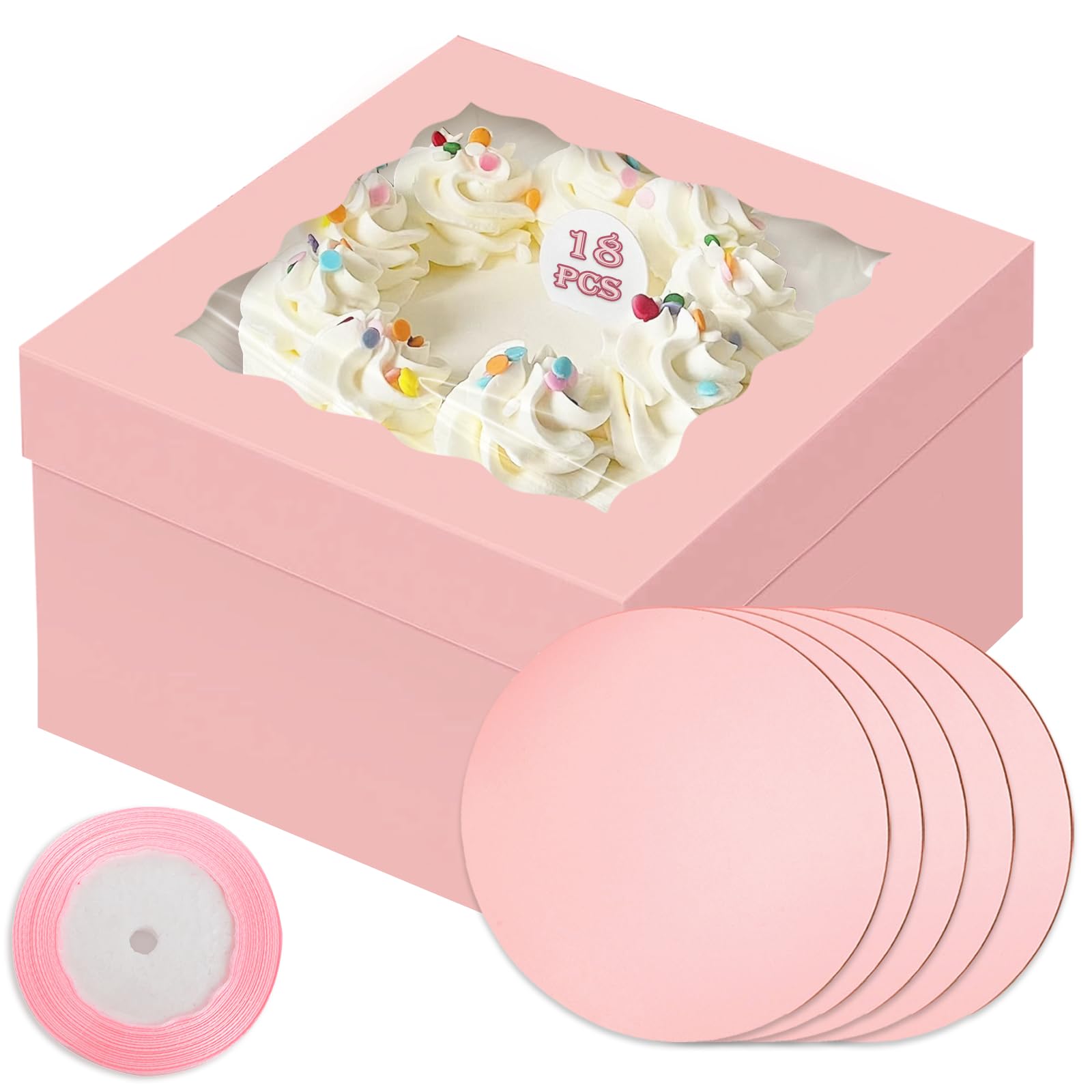Qiqee Pink 10X10X8 Cake Box, 18 Sets Cake Box With Window  18 Sets 10 Cake Round Boards, 10Inch Cake Containers, 10 Meters Pink 