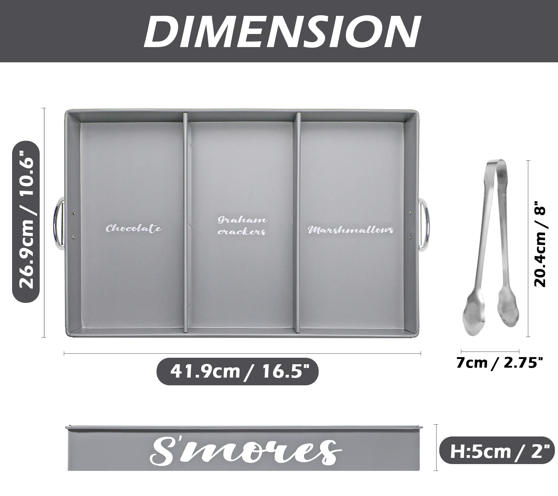 Webake Smores Tray With Food Tongs, Grey S'Mores Station Farmhouse S'Mores Bar Holder With Handles Rectangle Divided Metal Servi