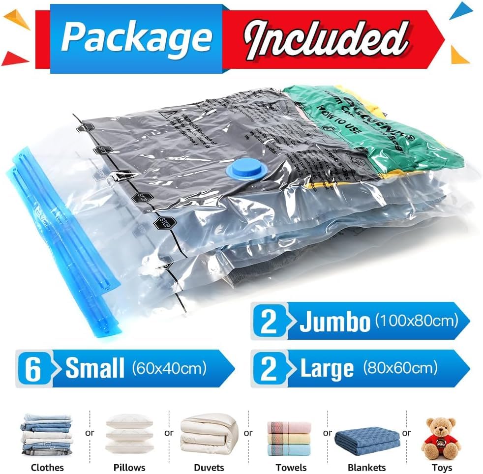 BoxLegend Vacuum Storage Bags 10 Combo Vacuum Pack Bags Space Saving Double Zipper Seal & Leak Valve Reusable for Clothes Pillow