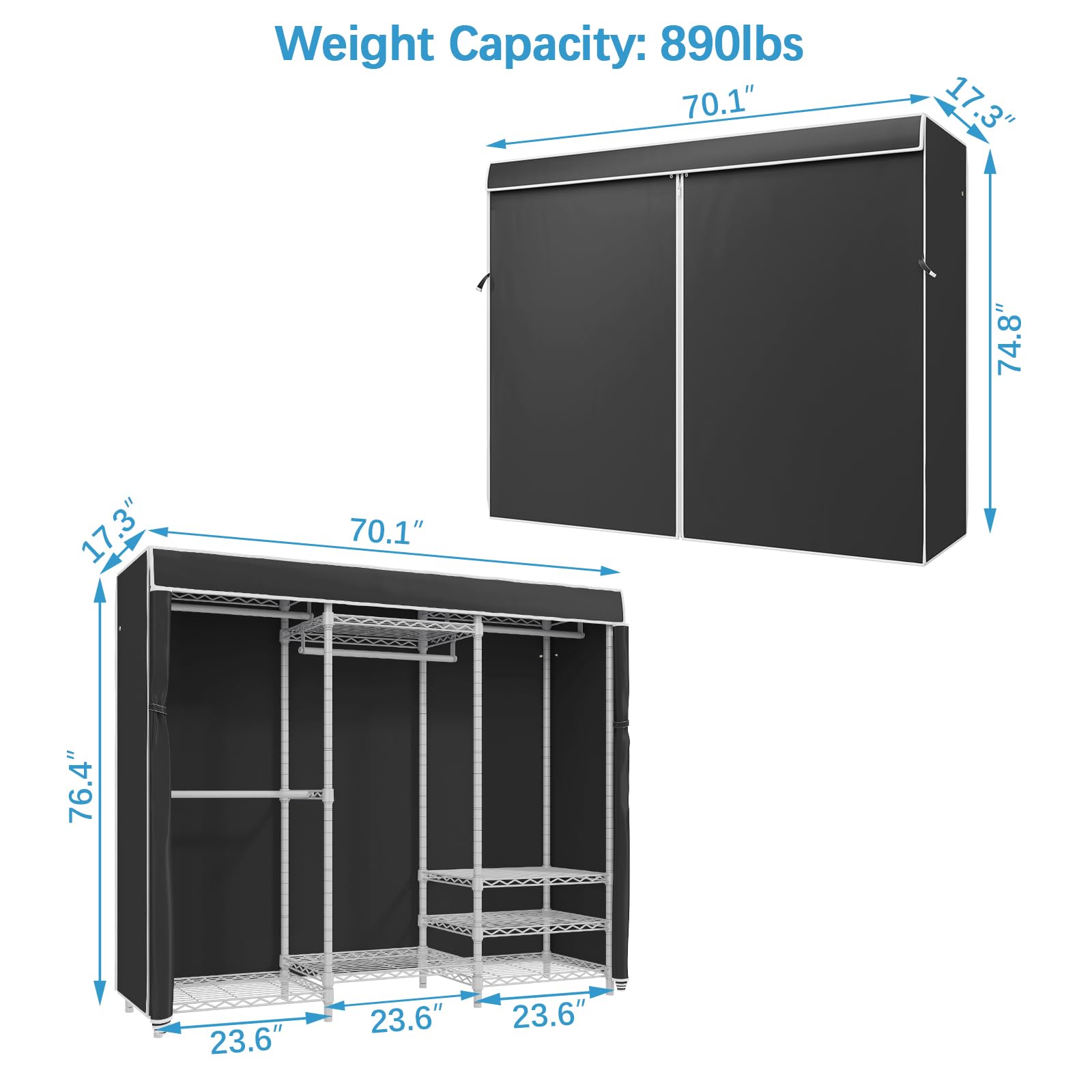 Vipek V5C Bedroom Armoires Portable Clothes Closet Rack, White Metal Clothing Rack With Black Cover, Adjustable Custom Freestand