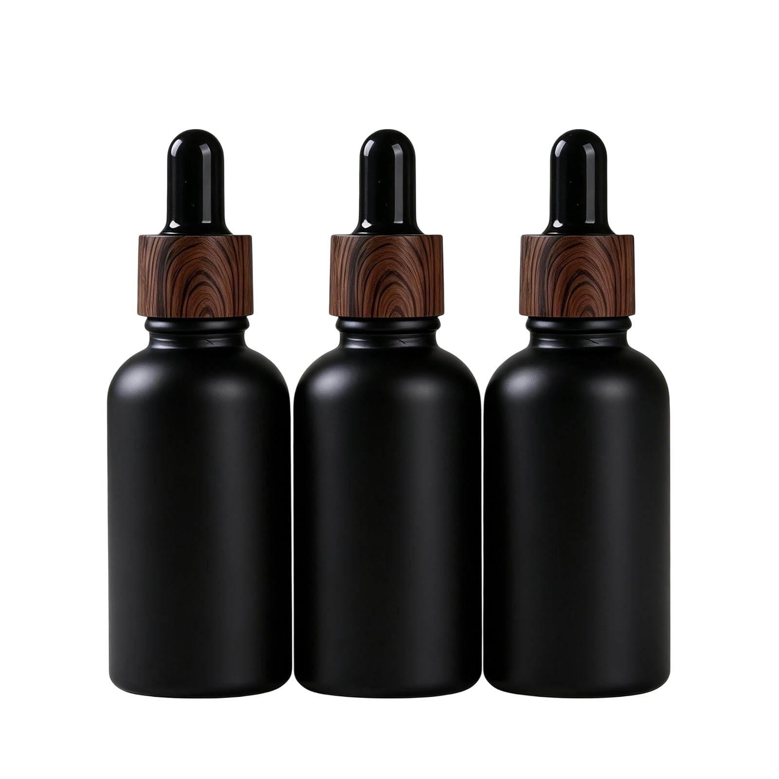 OHEETU 3Pcs 50ML Matte Black Glass Dropper Bottles with Plastic Wood Grain Cap Refillable Round Cosmetic Storage Containers for 