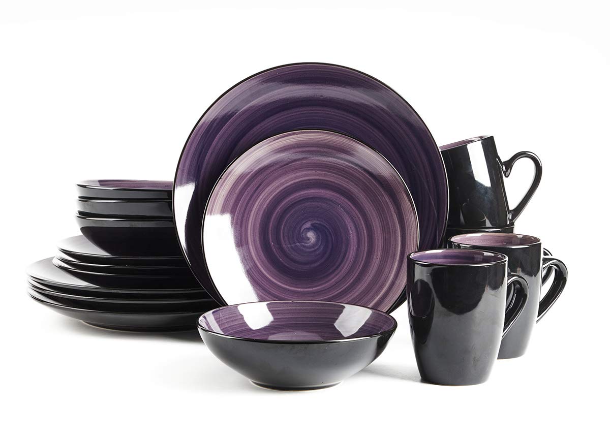 HomeVss, Stoneware Sonoma 16pc Dinnerware Set, Black + Speckled Spin Wash Purple