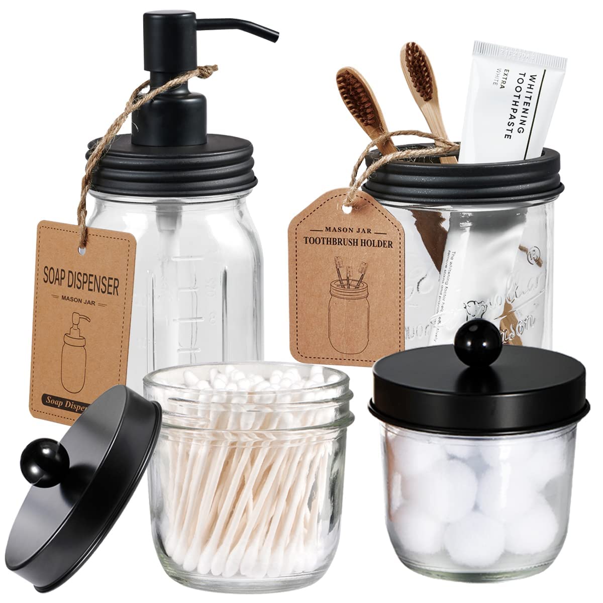 Amolliar Mason Jar Bathroom Accessories Set(4 Pcs) -Lotion Soap Dispenser &Cotton Swab Holder &Toothbrush Holder-Rustic Farmhous