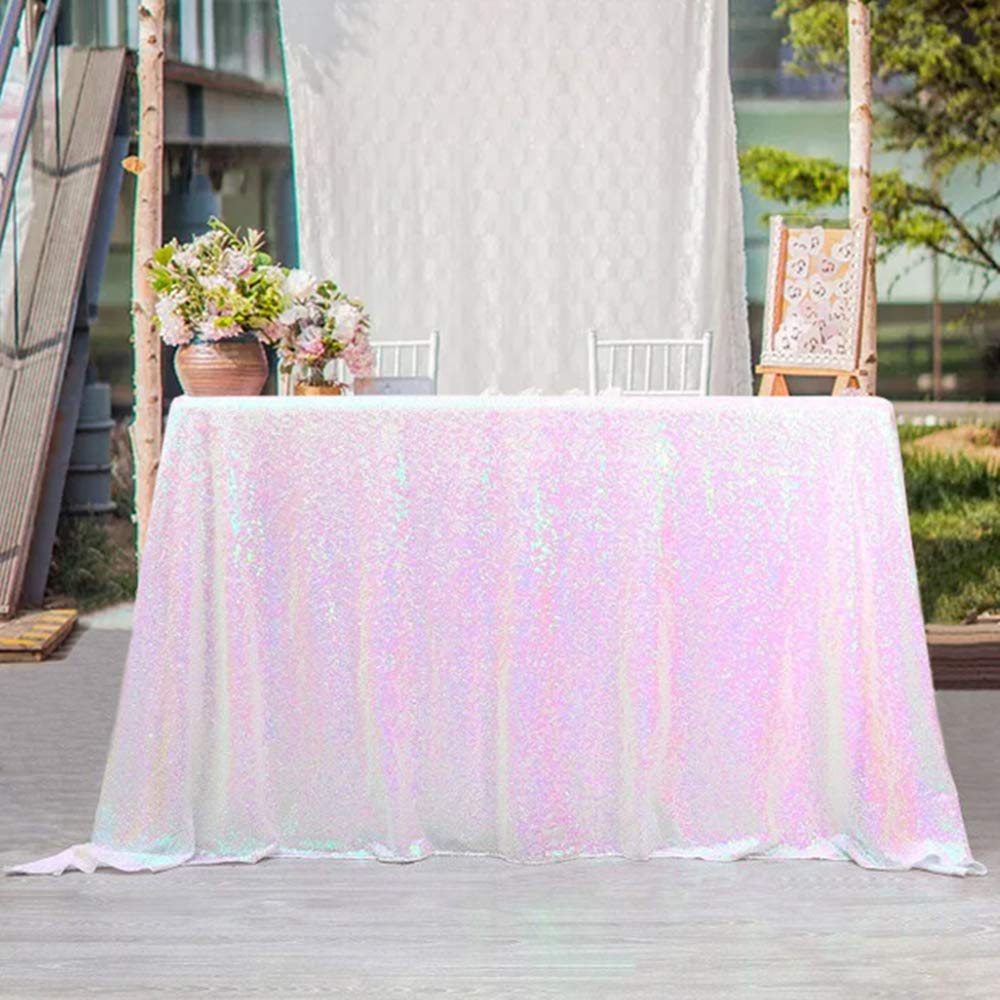 Queendream Tablecloth 90X156 Rectangle Sequin Tablecloth White Iridescent Wedding Table Linens Glitter Birthday Bridal Party Ind