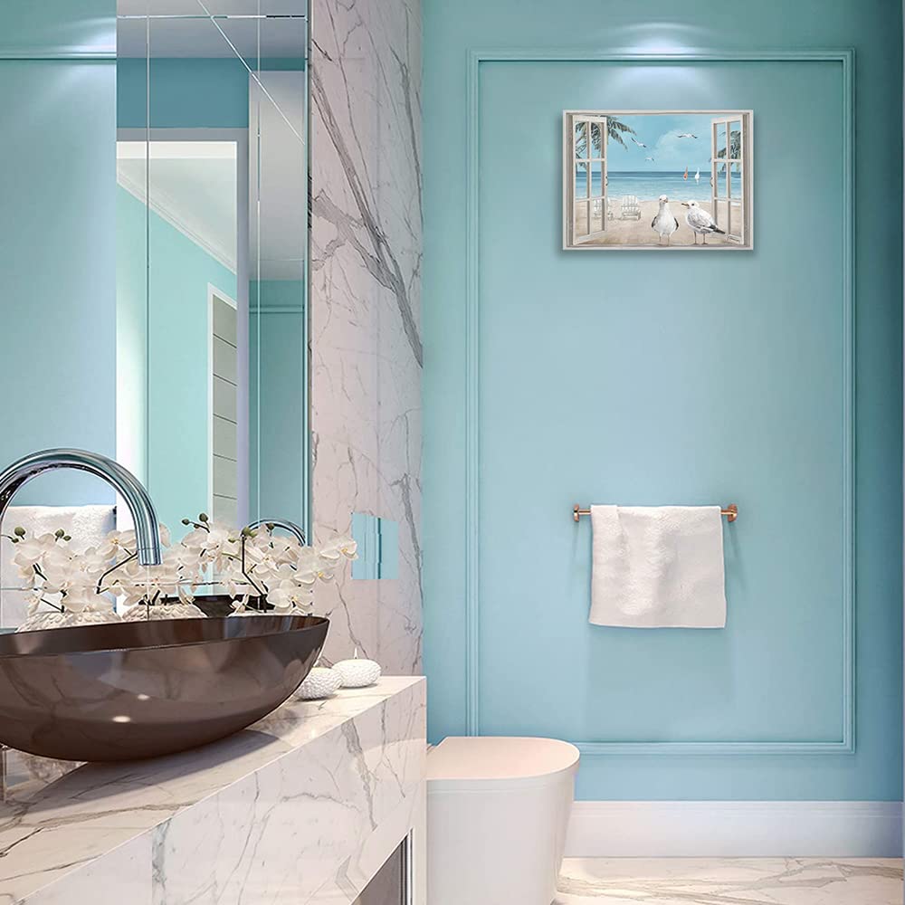 Forjoy Beach View With Window Art Coastal Bird Pictures Window View Canvas Wall Art Window Beach Poster Beach Window Wall Art Se