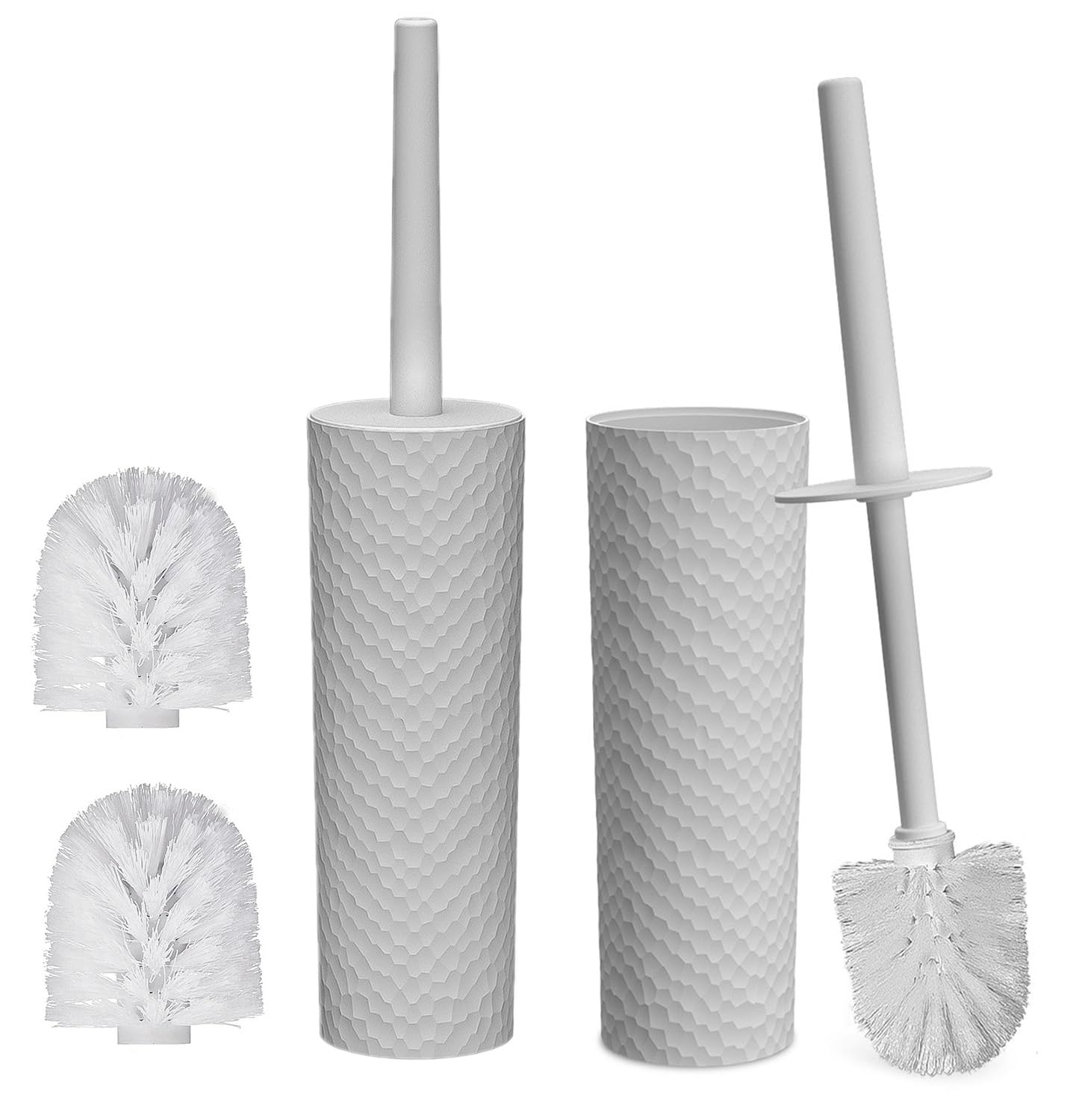 Topsky 2 Pack Compact Toilet Brush & Holder Set, Plastic Round Barrel Loo Brush with 2 Replacement Toilet Brush Head, Durable fo