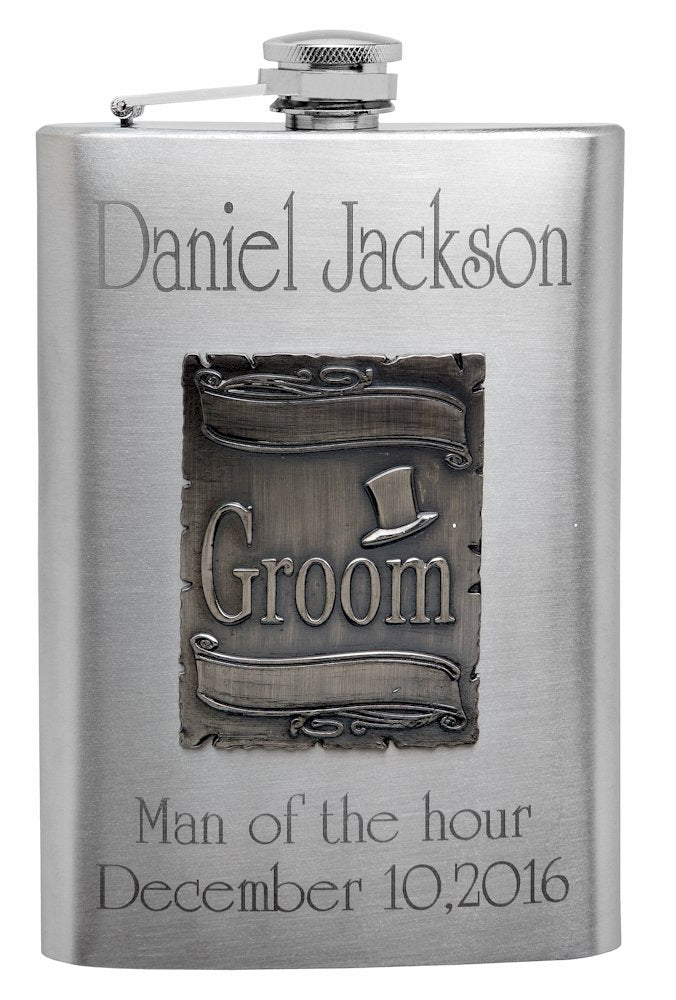 Hip Flask Holding 8 Oz - Groom Emblem Design - Metallic Grey Finish Stainless Steel Screw-On Cap Expertly Welded Leakproof Rustp