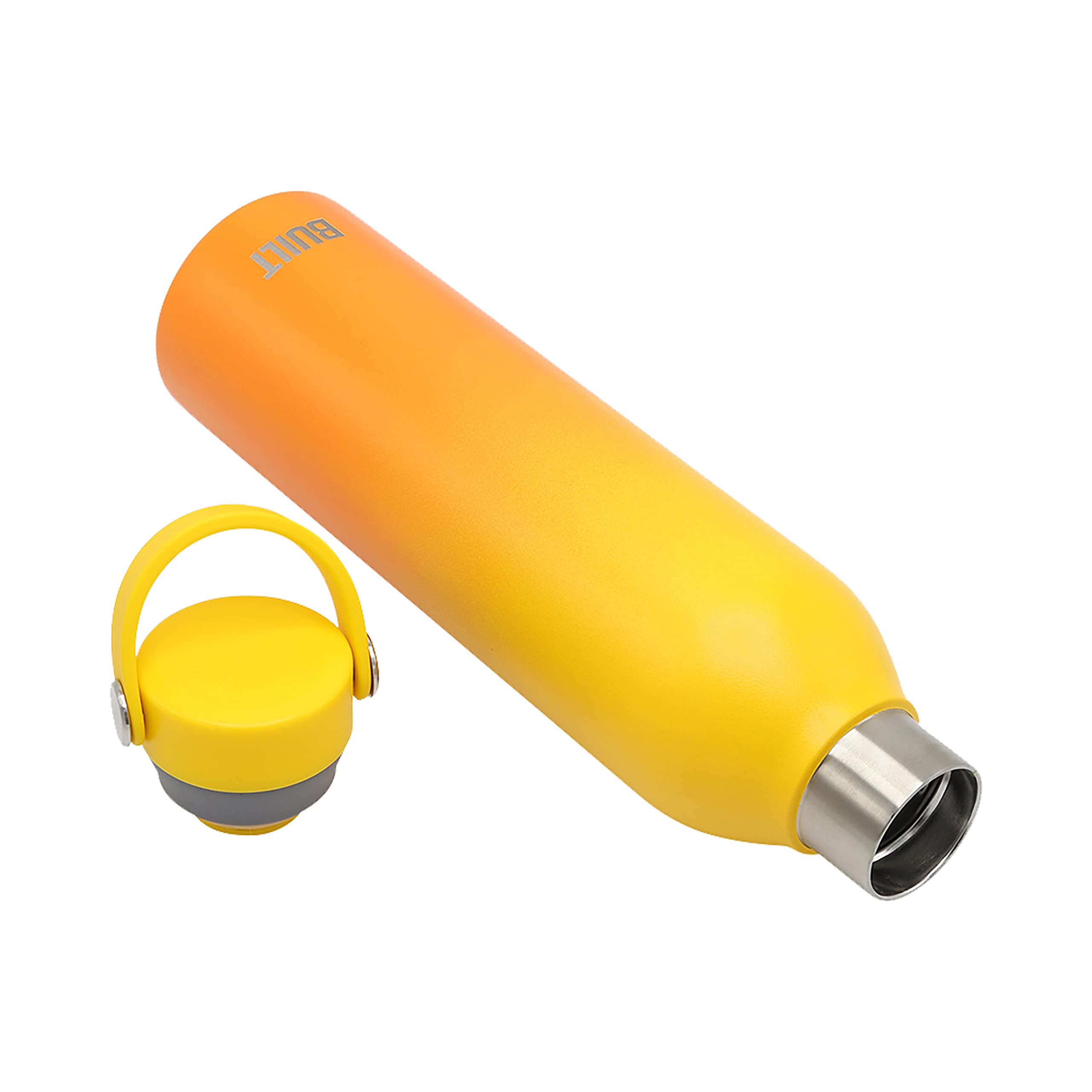 Built 24 Ounces Cascade Double Wall Vacuum Insulated Stainless Steel Bottle With Twist Lid With Handle, Yellow And Orange Citrus
