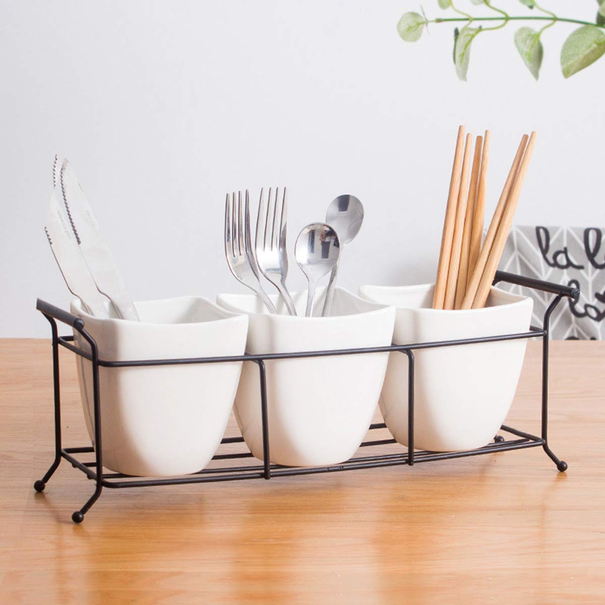 Bekith 3-Piece Ceramic Flatware Caddy With Metal Rack, Utensil Holder Silverware Caddy Cutlery Organizer, White