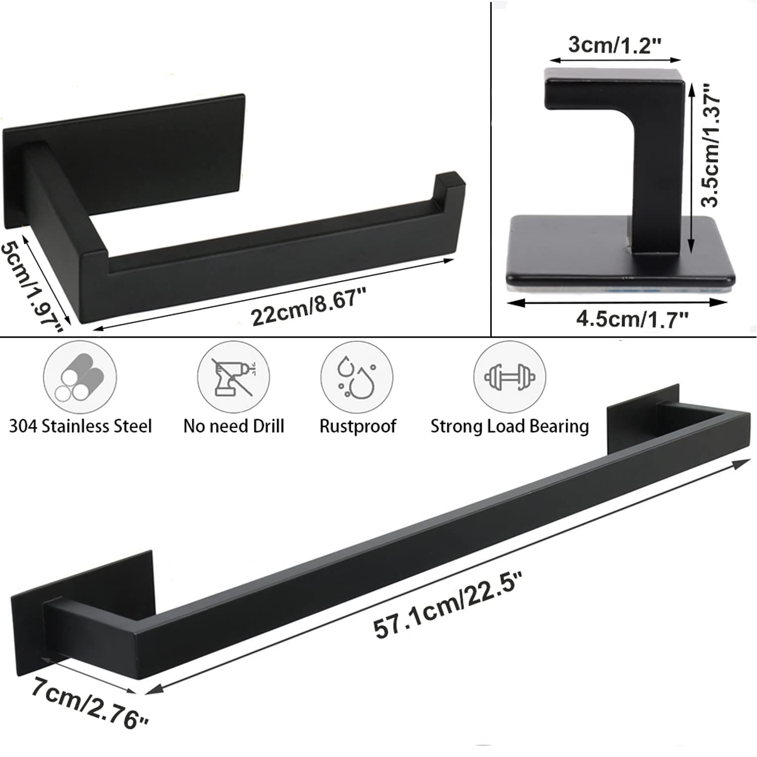 Vanloory 5 Pieces Self Adhesive Bathroom Hardware Set-Sus304 Stainless Steel-Towel Rack Set Include 24Towel Bar+Toilet Paper Hol