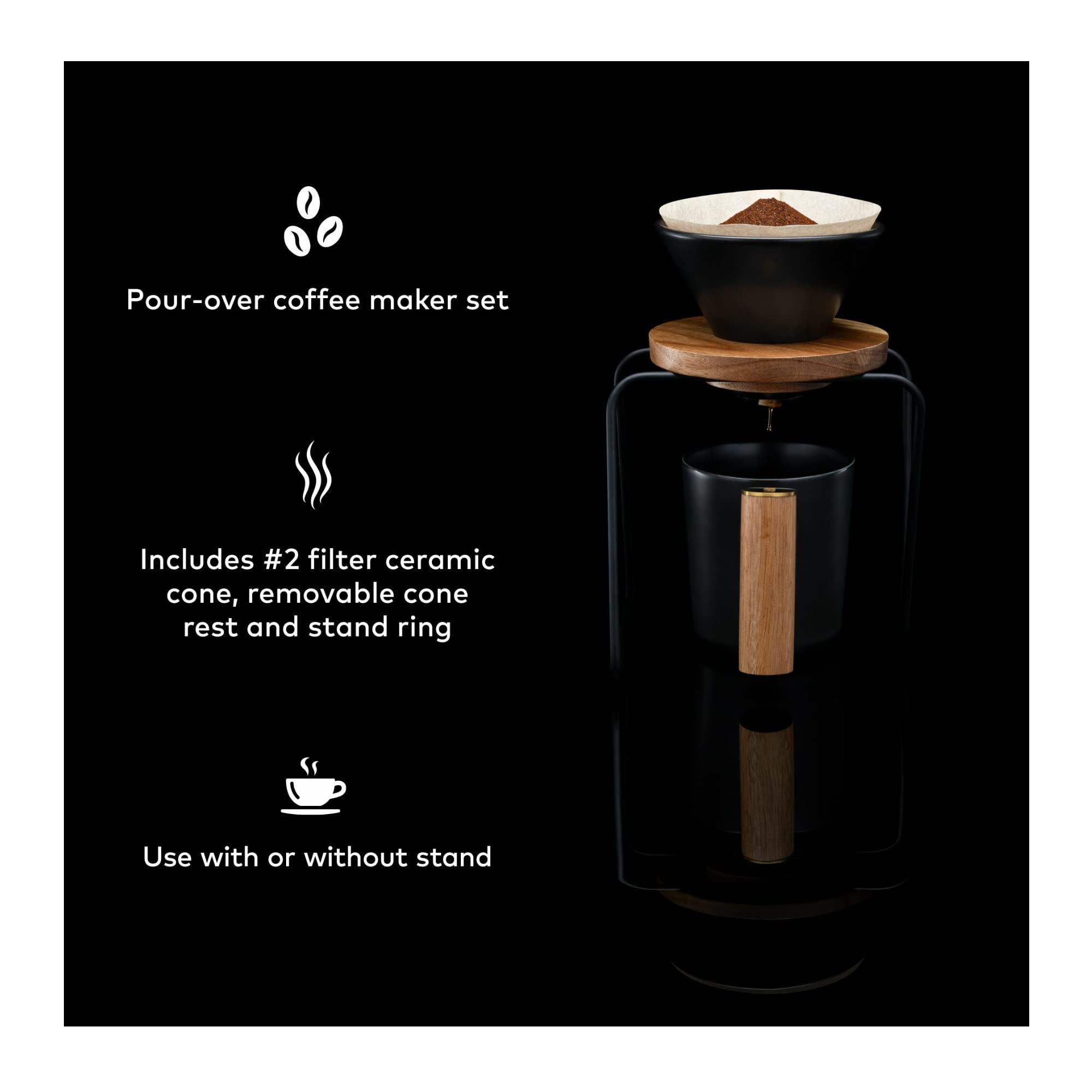 Chefwave Artisan Series Pour-Over Coffee Maker Set With Ceramic Cone, Wood Ring And Stainless Steel Stand, 1-2 Cup Personal Size