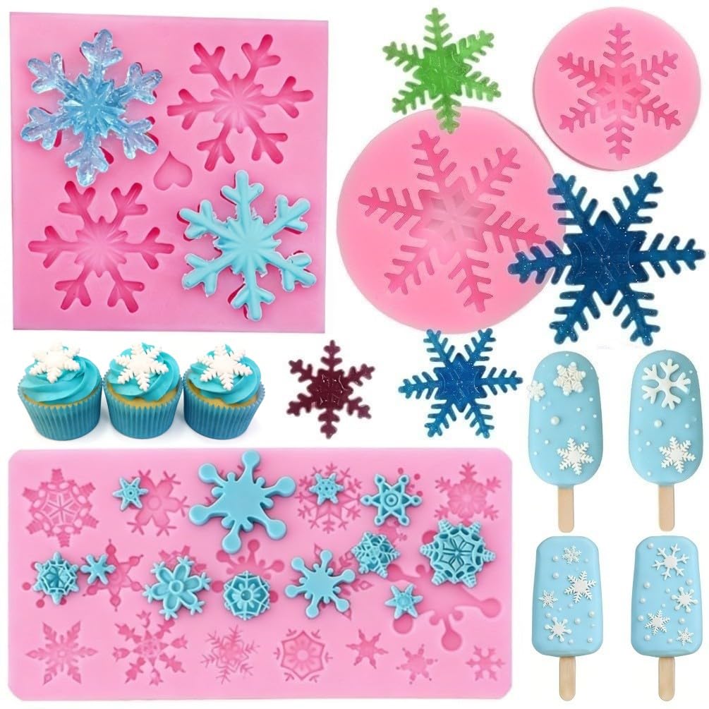 4 Pieces 3D Snowflake Silicone Mold Winter Snowflake Fondant Silicone Mold for Cake Cupcake Decoration Polymer Clay Crafting Pro