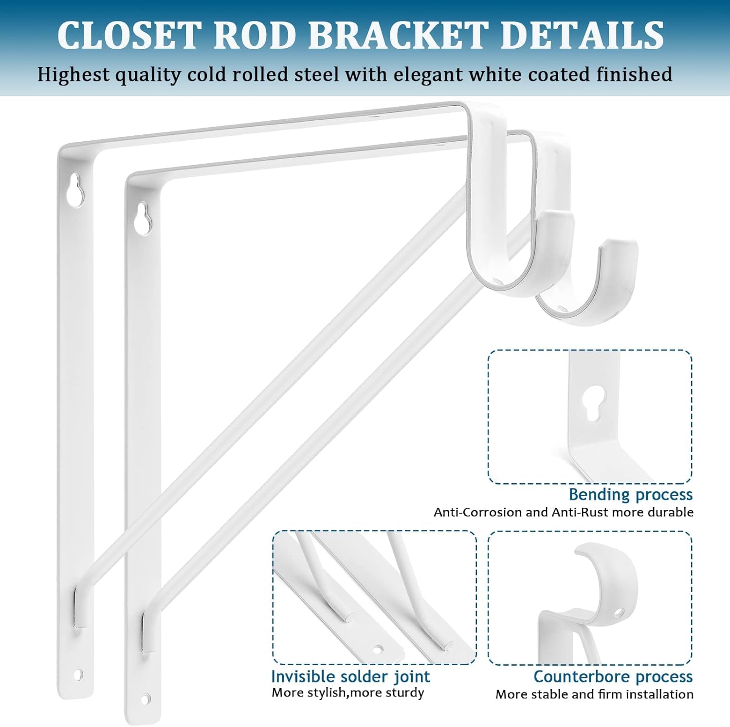 6Pcs Heavy Duty White Closet Rod Brackets 11 X 11 Inch,1-3/8Inch Diameter Shelf And Rod Bracket Holder For Home And Closet Decor