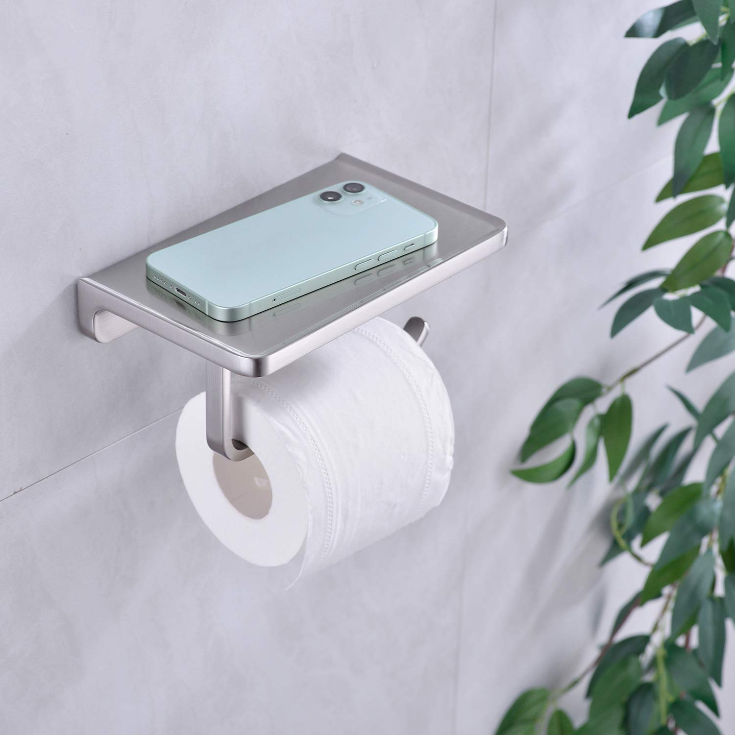Toilet Paper Holder with Phone Shelf Solid Metal Bathroom Wall Mounted Tissue Roll Dispenser Storage  Brushed Nickel